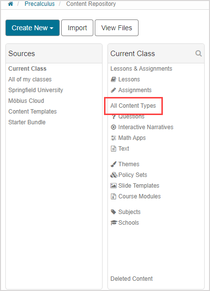 All Content Types is the fourth option in the Current Class pane.